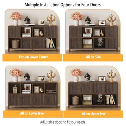 TV Stand with Storage and 8 Cube Bookshelf with 4 Doors for Living Room Bedroom (Dark Walnut)