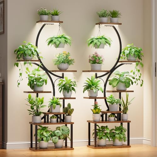BACEKOLL Plant Stand Indoor with Grow Light - 2 Pack Tall Indoor Plant Shelf, 62" Corner Plant Holder, 8 Tiered Large S-Shape Flower Multiple Display Shelf for Home, Office