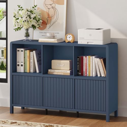 6 Cube Storage Organizer with 3 Doors, Modern Horizontal Bookcase | 3-Tier Fluted Wood Bookshelf with Storage Cabinet for Home Office, Dining, Bedroom, Living Room, Entrayway, Blue - color: Blue