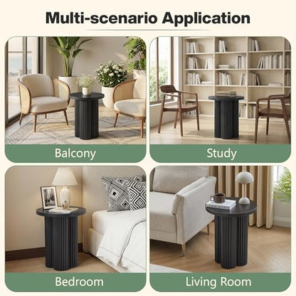 Round Fluted End Table, 17.7'' Mid Century Modern Side Table, Circle Bedside Tables Drink Table Wood Nightstand for Small Spaces, Living Room (Black-1PCS) - color: Black-1pcs