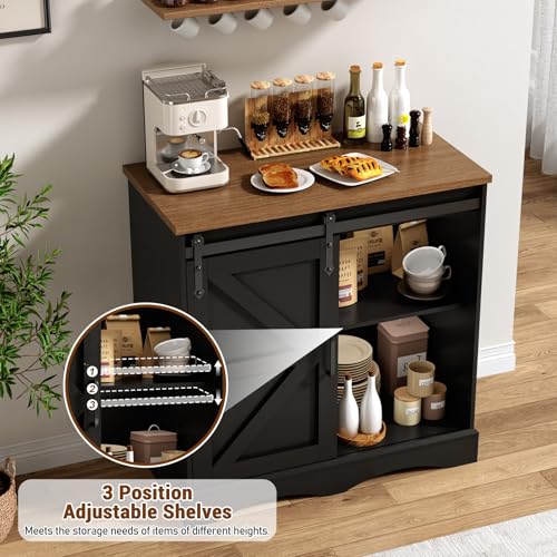 HOMFAMILIA 31.5" H Farmhouse Coffee Bar Cabinet w/Storage, White Kitchen Coffee Station with Sliding Barn Door, Rustic Buffet Cabinet with Adjustable Shelves, for Kitchen, Living Room, Black - color: Black