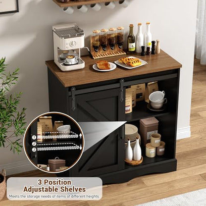 HOMFAMILIA 31.5" H Farmhouse Coffee Bar Cabinet w/Storage, White Kitchen Coffee Station with Sliding Barn Door, Rustic Buffet Cabinet with Adjustable Shelves, for Kitchen, Living Room, Black - color: Black