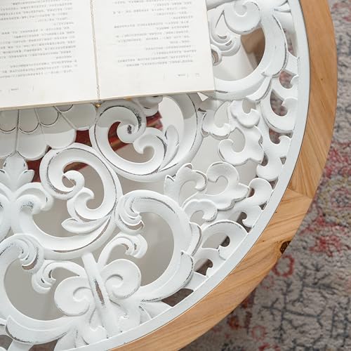 31.5'' Round Coffee Table for Living Room, Modern Countryside Farmhouse Rustic Wood Coffee Table, Curved Legs & Removable Tempered Glass Top, Natural & Wood - color: Ø31.5''-natural & White