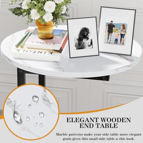 C Shaped End Side Table, Small Oval Couch Sofa Table for Bed, Snack Side Table with Metal Frame, TV Tray Table with White Marble for Small Space, Living Room, Bedroom, Bedside, Black - color: White Marble+black