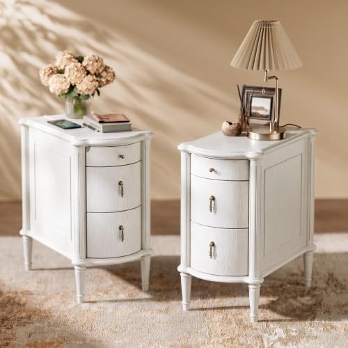 STO'SENSE Nightstand Set of 2 w/Charging Station & 3 Drawers, Pre-Assembled, Vintage Side Table w/Antique-Finished Pulls, Rustic Wood Finish, Narrow End Table w/Turned Legs for Bedroom, Ivory White - color: Ivory White