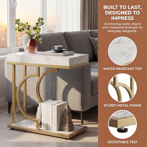 Tribesigns C Shaped Modern End Table for Coach with Metal Frame | Faux Marble Grain, Small Side Table for Living Room, Nightstand for Bedroom, White&Gold - color: White&gold