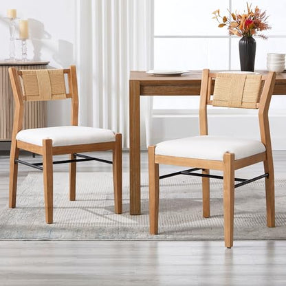 BESTANO Modern Armless Dining Chairs with Rope Woven Back Set of 2, Beige Linen Fabric Upholstered Kitchen & Dining Room Chairs, Mid-Century Classic Farmhouse Wooden Side Chair - color: Beige, size: 2 Chairs