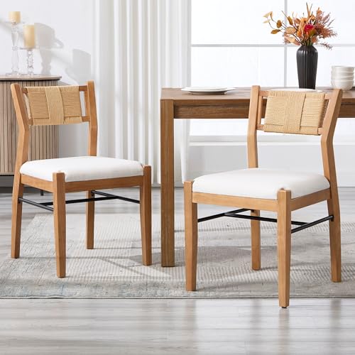 BESTANO Modern Armless Dining Chairs with Rope Woven Back Set of 2, Beige Linen Fabric Upholstered Kitchen & Dining Room Chairs, Mid-Century Classic Farmhouse Wooden Side Chair - color: Beige, size: 2 Chairs