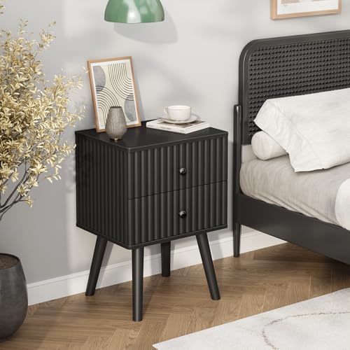 Wooden Nightstand with 2 Drawers, Fluted Night Stand Set of 2, Morden Side Table for Bedroom, Living Room and Small Space, Black