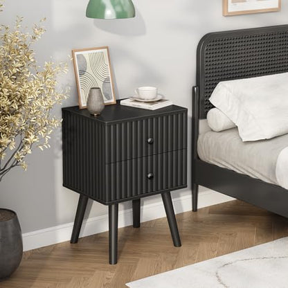 Wooden Nightstand with 2 Drawers, Fluted Night Stand Set of 2, Morden Side Table for Bedroom, Living Room and Small Space, Black
