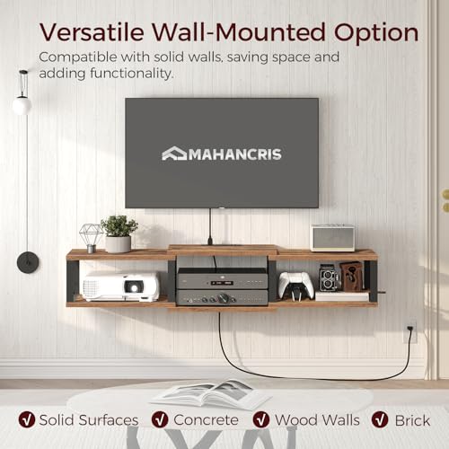 MAHANCRIS 43.7” Floating TV Stand with Power Outlet, Wall-Mounted Entertainment Center, Floating Metal Frame Media Console Shelf for Under TV Storage, for Living Room, Bedroom, Rustic Brown TVHR101E01 - color: Rustic Brown