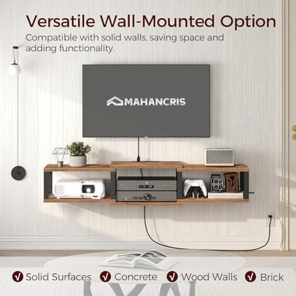 MAHANCRIS 43.7” Floating TV Stand with Power Outlet, Wall-Mounted Entertainment Center, Floating Metal Frame Media Console Shelf for Under TV Storage, for Living Room, Bedroom, Rustic Brown TVHR101E01 - color: Rustic Brown