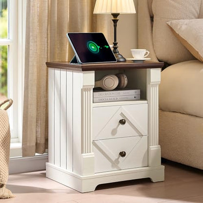 BuildHom 18" Farmhouse Nightstand with Charging Station,2 Interchangeable Drawers End Table, Roman Column Bedside Table with Open Shelf for Bedroom(Antique White) - color: Antique White
