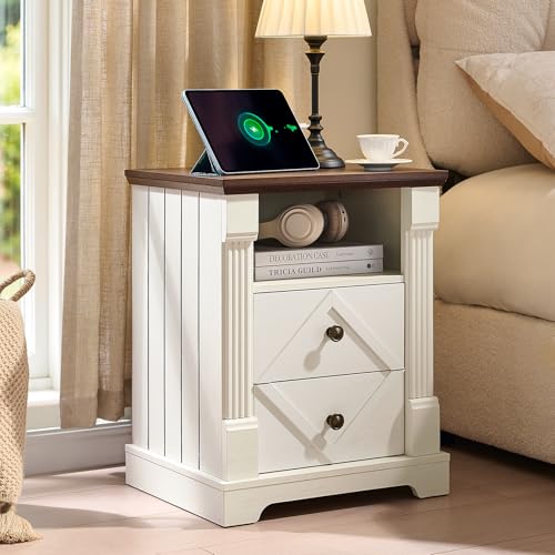 BuildHom 18" Farmhouse Nightstand with Charging Station,2 Interchangeable Drawers End Table, Roman Column Bedside Table with Open Shelf for Bedroom(Antique White) - color: Antique White