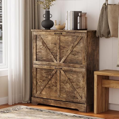 Semiocthome Farmhouse Shoe Storage Cabinet with 2 Flip Drawers, 31.5"(W) Freestanding Shoe Organizer with Barn Door and Metal Handles for Entryway, Corner Narrow Shoe Rack Cabinet - Rustic Brown - color: Rustic Brown, size: 31.5"W