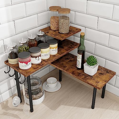 Kitchen Countertop Organizer - 3 Tier Corner Shelf, Bathroom Counter Organizer, Spice Rack, Coffee Bar, Over Sink, Rustic Brown - color: Rustic Brown, With Hooks