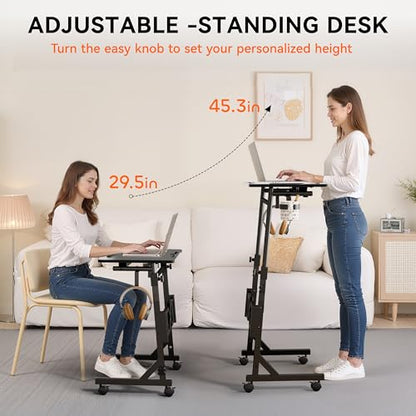Oransail Small Standing Desk with Wheels, 29.5-45.3 Inch Adjustable Height, Portable Treadmill Desk, Rolling Computer Table for Walking Pad with a Cup Holder and a Hook - color: Black