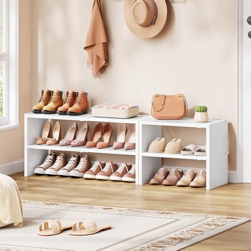 Hoctieon 2-Tier Expandable Shoe Shelf, Adjustable Shoe Shelf Storage Organizer, Stackable Iron Wood Combination Free Standing Shoe Rack for Entryway, Closet, Doorway, White - size: 1 Pack(2-Tier)