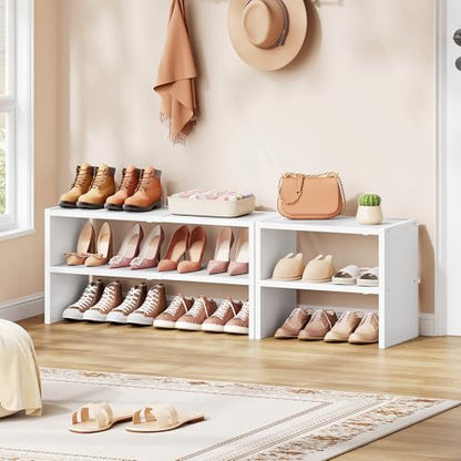 Hoctieon 2-Tier Expandable Shoe Shelf, Adjustable Shoe Shelf Storage Organizer, Stackable Iron Wood Combination Free Standing Shoe Rack for Entryway, Closet, Doorway, White - size: 1 Pack(2-Tier)