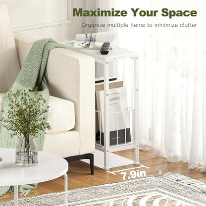 Narrow Side Table, Skinny End Tables with Magazine Holder, Small Sofa Table for Small Spaces, Space-Saving Design, Slim Nightstand Bedside Table for Living Room, Bedroom, Office, White - color: White