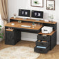 TVU Farmhouse Computer Desk with Drawers, 65'' Home Office Desk with Power Outlets, Storage Cabinet and Printer Stand, Study Writing Desks with Long Monitor Stand, Brown and Black - color: Brown and Black