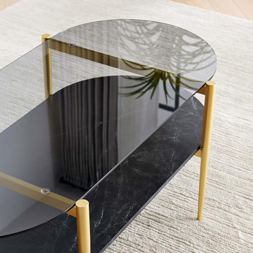 LumFurn Oval Glass Coffee Table, Mid-Century Modern Design, L41 x W21 x H17 inch, for Living Room, Grey Glass Top, Black Marble Finish Wood Shelf & Gold Finish Frame - color: Grey & Black Marble, size: L41" Oval Coffee Table
