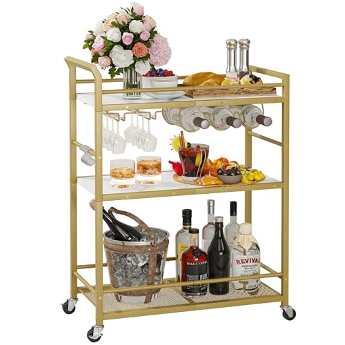 3 Tier Bar Cart, Small Beverage Cart, Mini Bar Cart with Wine Rack, Compact Mini Bar Cart - Please Refer to the Exact Dimensions for Usage Matching Dimensions: 22" W × 13" D × 35.8" H GBC507G - color: Gold, size: General
