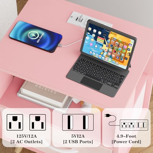 Huhote Kids Nightstand, 2-Tier Night Stand with Charging Station and Drawer, Modern Side Table for Bedroom, Study Room Small Spaces, Pink - color: Pink, size: 2-Tier with Charging