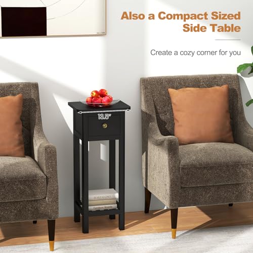 Tangkula 2-Tier Narrow Side Table with Drawer, Acacia Wood Tall End Table for Small Spaces, Farmhouse Slim Bedside Table with Open Shelf, Nightstand for Living Room, Bedroom, No Assembly (2, Black) - color: Black