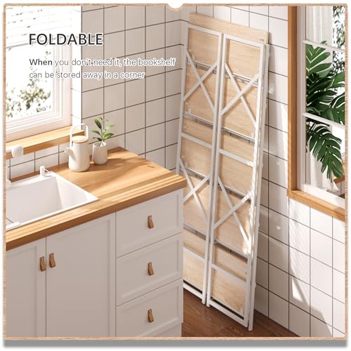 4NM 5 Tiers No Assembly Book Shelves, 51.2" H Folding Bookshelf Bookcase Open Industrial Foldable Shelves for Bedroom, Living Room, Home Office - Natural White - color: Natural White, size: XX 5-Tier