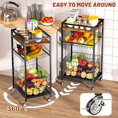 Fruit Vegetable Cart, 3-Tier Snack Cart on Wheels & Wood Top, Brown | Vegetable Rack For Kitchen, Kitchen Cart Organizer for Fruit, Vegetables, Potato, Snack - color: Brown, style: 3-Tier