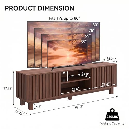 70 Inch Walnut Fluted TV Stand for 80 Inch TVs, Mid Century Modern Entertainment Center with Sliding Doors, Power Outlets, Storage Shelves, Wood Media Console Cabinet for Living Room