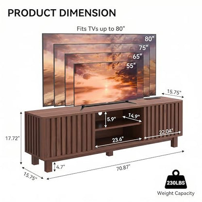 70 Inch Walnut Fluted TV Stand for 80 Inch TVs, Mid Century Modern Entertainment Center with Sliding Doors, Power Outlets, Storage Shelves, Wood Media Console Cabinet for Living Room