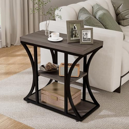 3-Tier End Table, Grey Nightstand with Storage Shelves, Narrow Side Table for Living Room, Bedroom, Small Spaces – Wood and Metal Accent Table (1, Grey) - color: Grey
