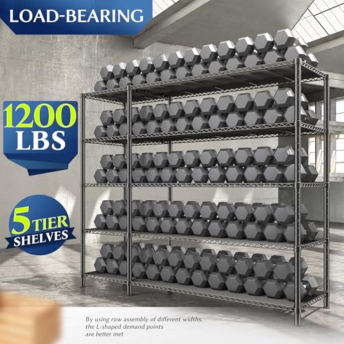 Romorgniz Storage Shelves, 1200 Load Heavy-Duty & L-Shaped, for Kitchen | 5 Tier shelf 52.36" W,Waterproof & rust-resistant,flexible L/H shaped,Tool-free Assembly, Adjustable shelves,Pantry shelf - size: 13.78"D x 52.36"W x 70.8"H