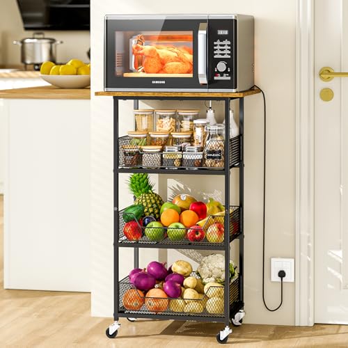 ThreeHio Rolling Kitchen Microwave Cart with Fruit Baskets, 4 Tier Microwave Table Stand with Storage, Kitchen Storge Shelf on Wheels Small Rolling Cart Organizer Rack for Pantry, Living Room - color: Brown
