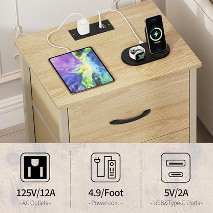 Vagusicc Nightstand with Charging Station, Bedside Table with USB Ports and Outlet, End Table Side Table with 2 Fabric Drawers for Bedroom, Living Room, Natural - color: Natural (1 Pack)