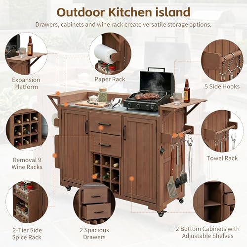 Modern 60.2''W Outdoor Kitchen Island with Wheels, Rolling Patio BBQ Kitchen Cart with Stainless Steel Top, Wood Grill Cart with Spice Rack&Wine Rack,2 Drawers, Brown - style: Brown