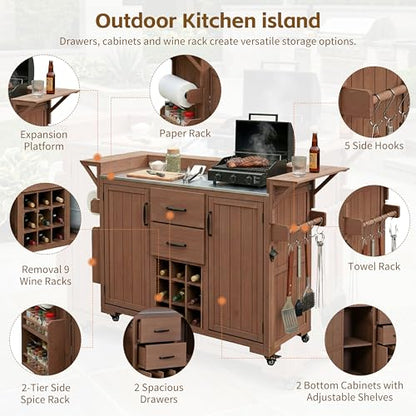 Modern 60.2''W Outdoor Kitchen Island with Wheels, Rolling Patio BBQ Kitchen Cart with Stainless Steel Top, Wood Grill Cart with Spice Rack&Wine Rack,2 Drawers, Brown - style: Brown