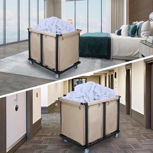 Commercial Laundry Cart with Wheels,400L Large Laundry Cart | 600 lbs Industrial Laundry Hamper,Steel Frame and Oxford Cloth Bag,Commercial Laundry Hamper for Home,Hotel,Housekeeping - color: Khaki