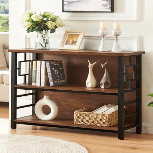 HOMISSUE Book Shelf, 3 Tier Long Bookshelf with Storage, Engineered Wood and Metal Shelf Bookcase, Low Short Bookcases for Small Space, Living Room, Bedroom, Office, Rustic Brown - color: Rustic Brown, size: 3-tier(47.2"W x30.9"H)
