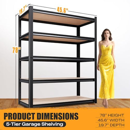 AOARGG 78"H-45.6"W Garage Shelving Heavy Duty Storage Shelves, Metal Adjustable Shelving Unit, Utility Garage Organizer Shelf for Basement, Pantry, Kitchen, Warehouse, 45.6"W x 19.7"D x 78"H - size: 5-Wood-19.7"Dx45.6"Wx77.9"H