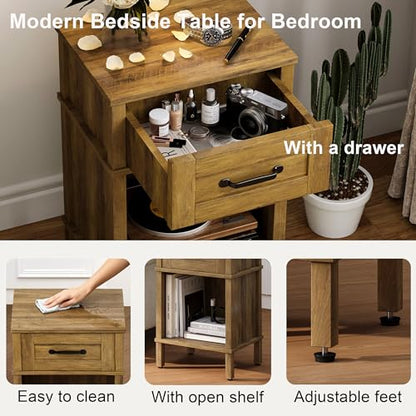 Small Brown Night Stand,Rustic End Table,Wood Nightstand with Drawer | Side End Table with Drawer,End Table Living Room,Farmhouse Nightstand,Modern Brown Side Table for Bedroom LET512DR - color: Rustic Brown