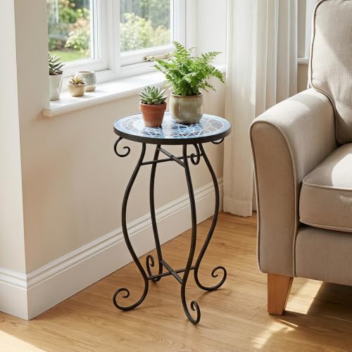 Giantex Outdoor Side Table, Mosaic Patio Table, 12inch Accent Table Plant Stand Indoor, Mosaic Ceramic Tile Top Metal Frame, Small End Table Porch Beach Patio Garden Balcony Poolside - style: Ocean