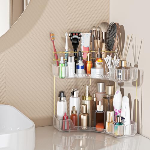 Webetop Corner Makeup Organizer for Vanity, 2 Tier Bathroom Cosmetics Organizer Countertop with Make up Brush Holder Corner Counter Storage Skincare Organizer for Bathroom Dresser Toiletry(Clear) - color: Clear, size: 2 Tier with brush holder