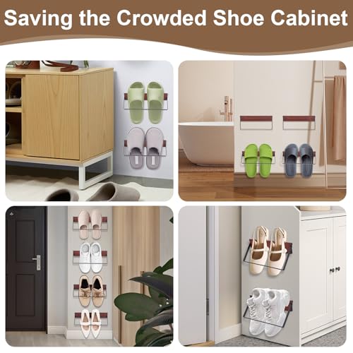 SCUNDA 2-Pack Wall Mounted Shoe Rack, Wooden & Metal Foldable Shoe Rack - Space Saving Wall Shoe Holder for Entryway, RV, Camper, Closet, Apartment, Fits Various Shoes-Brown