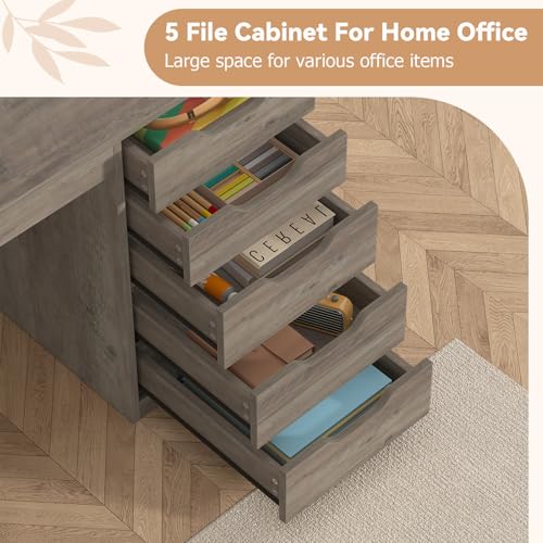 YOMILUVE 47 Inch Computer Desk with 5 Drawers and Power Outlets, Home Office Desks with Storage File Cabinet, Modern Simple Laptop Desk Writing Table for Small Spaces, Grey - color: Grey