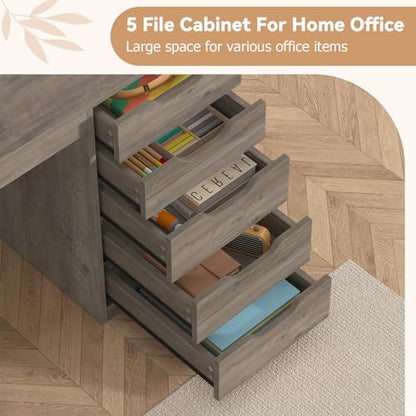 YOMILUVE 47 Inch Computer Desk with 5 Drawers and Power Outlets, Home Office Desks with Storage File Cabinet, Modern Simple Laptop Desk Writing Table for Small Spaces, Grey - color: Grey