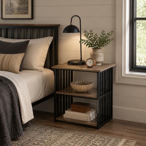 Elountik Industrial Nightstand with Metal Frame and Antique Oak Finish, 22 Inch Wide Bedside Table with Two Open Shelves for Bedroom Storage