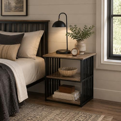 Elountik Industrial Nightstand with Metal Frame and Antique Oak Finish, 22 Inch Wide Bedside Table with Two Open Shelves for Bedroom Storage